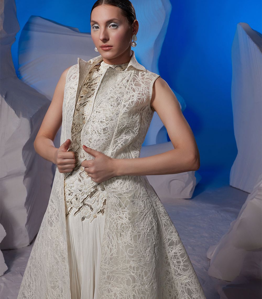 TEXTURED IVORY JACKET FEATURING MOCKNECK EMBROIDERED DRESS