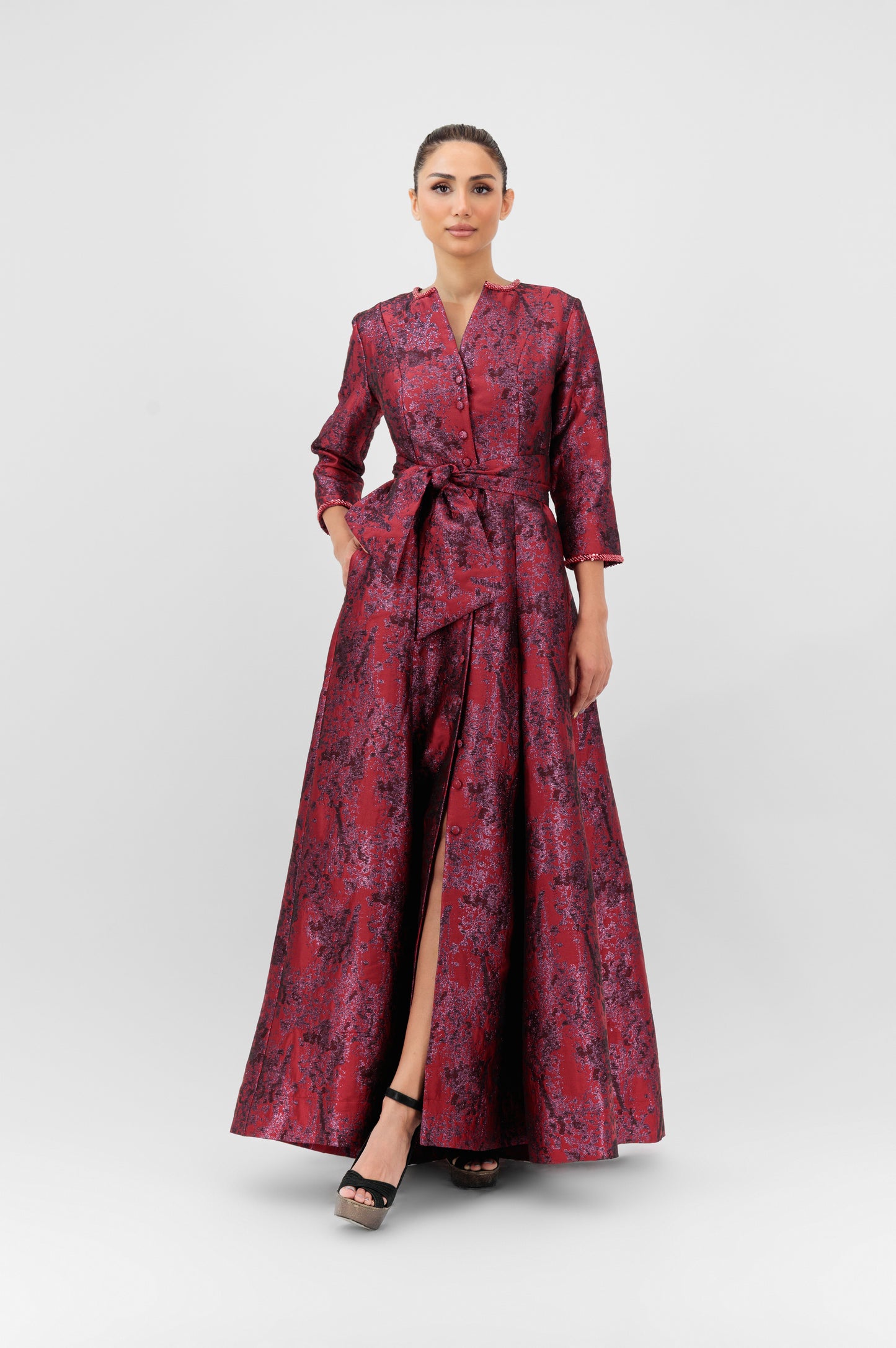 Jacquard Belted Evening Gown