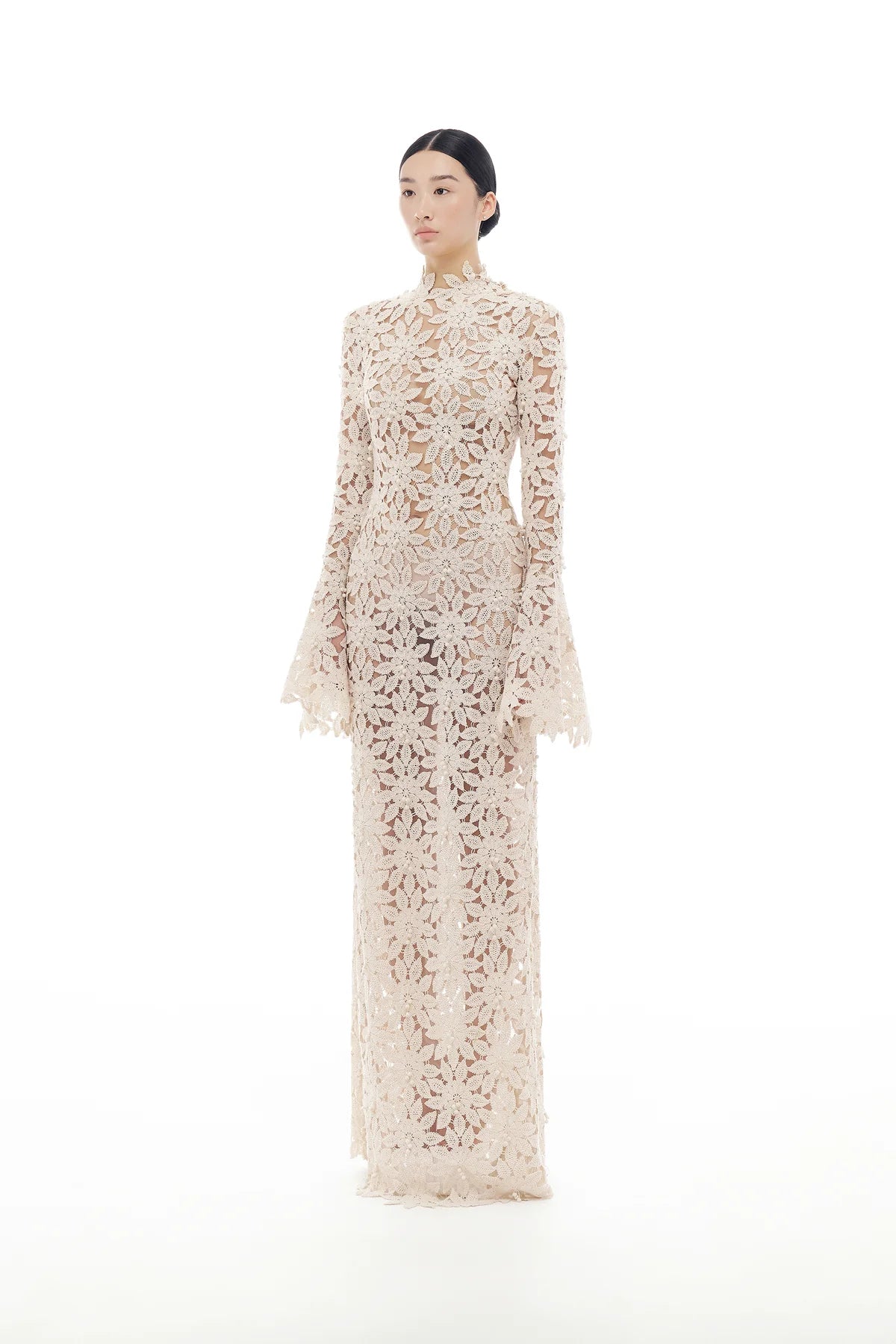 Beige Floral Lace Maxi Dress