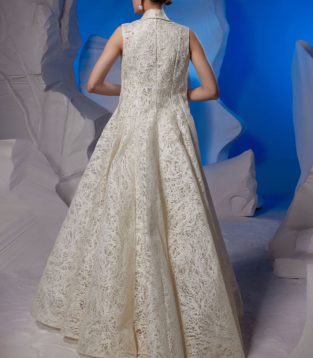 TEXTURED IVORY JACKET FEATURING MOCKNECK EMBROIDERED DRESS