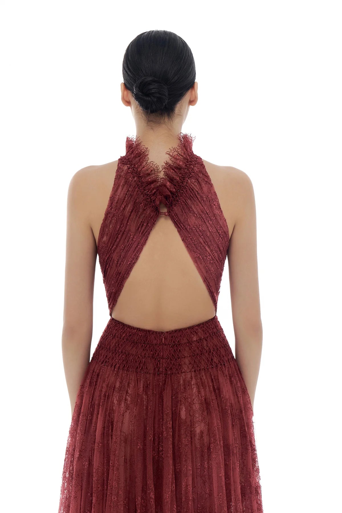 Burgundy Smocked Lace Maxi Dress