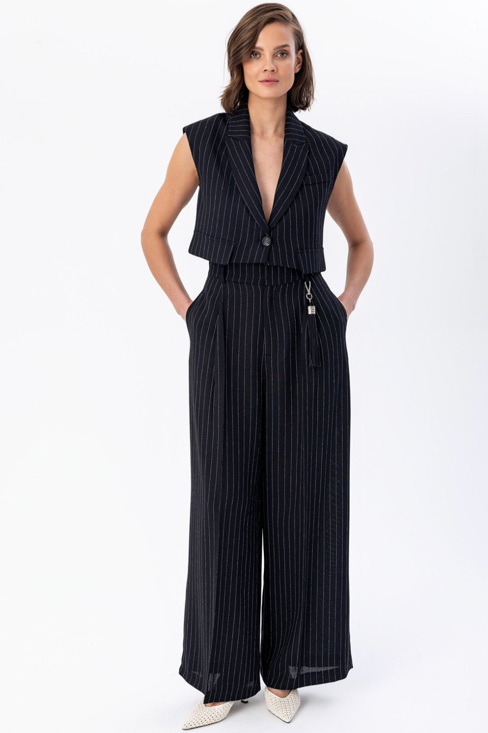 Wide Leg Pinstripe Black Set
