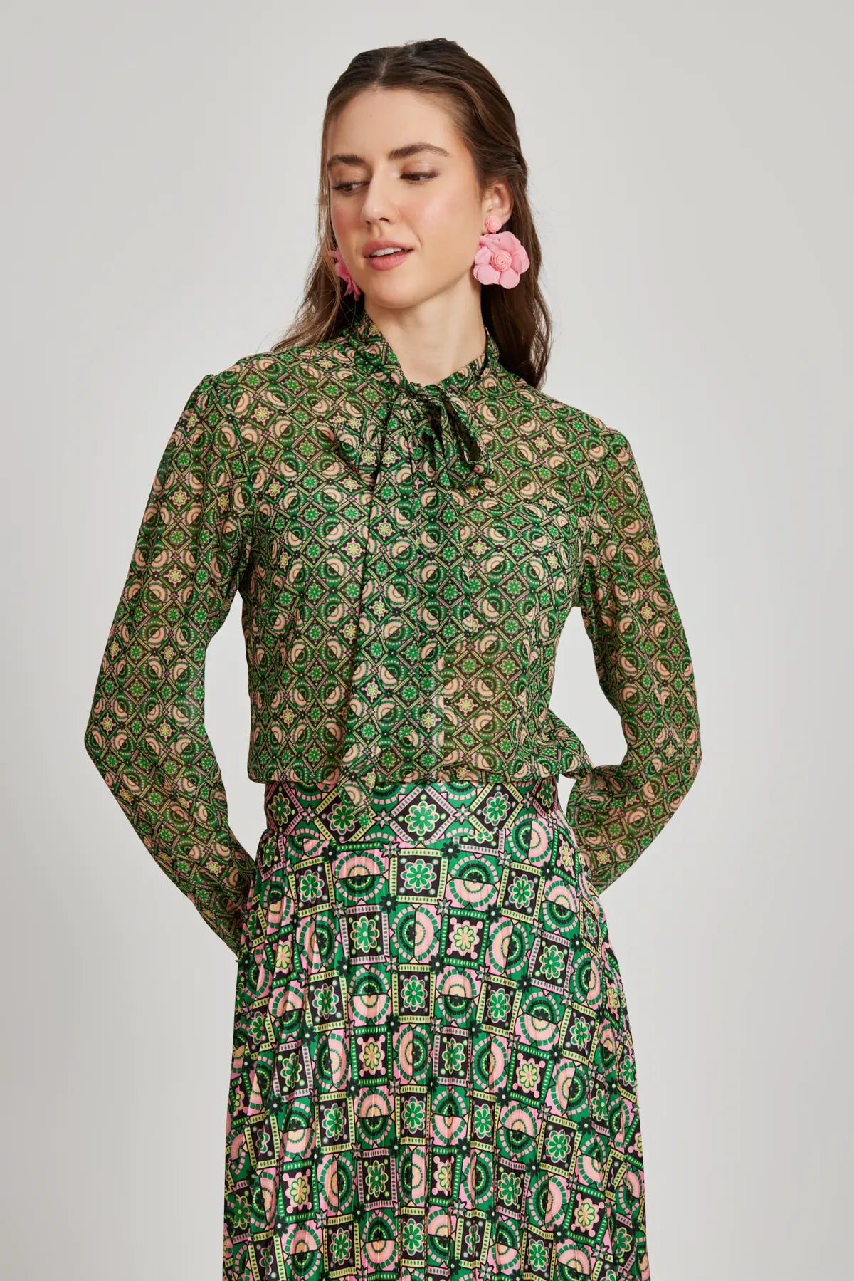 Patterned Chiffon Scarfed Blouse