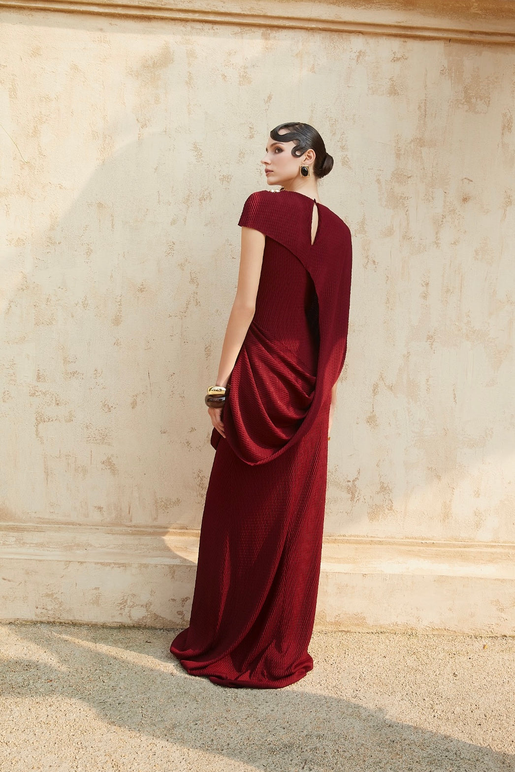 Crimson Draped Elegance Gown