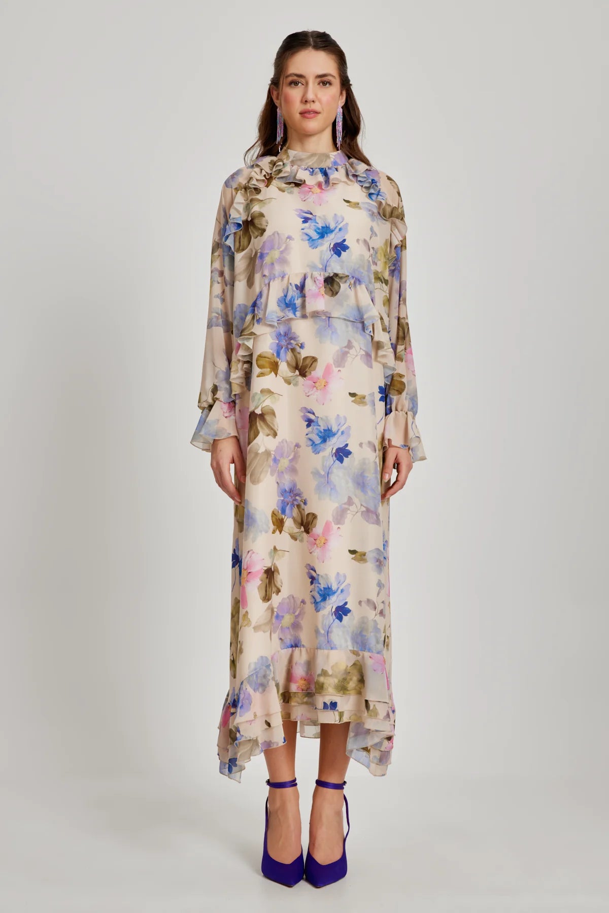 Ruffle Detailed Floral Patterned Dress