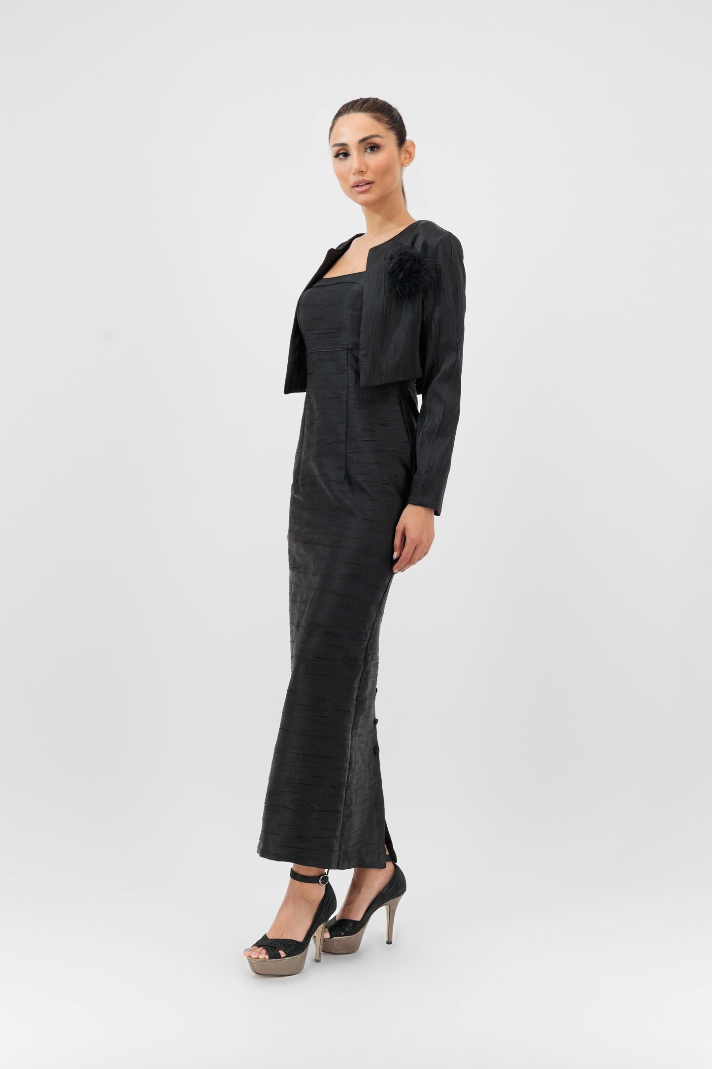 Elegant Satin Maxi Dress with Cropped Jacket