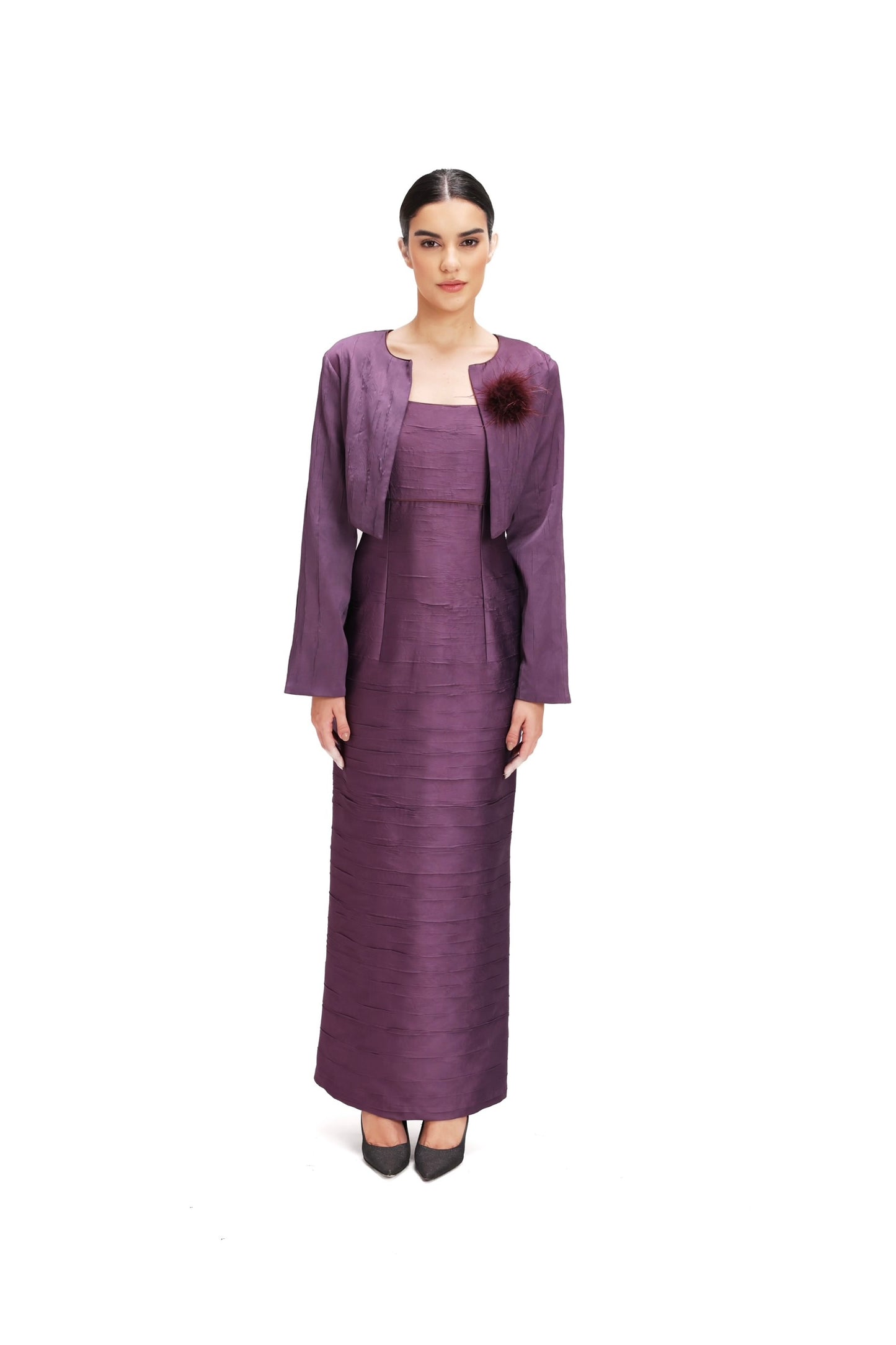 Elegant Satin Maxi Dress with Cropped Jacket