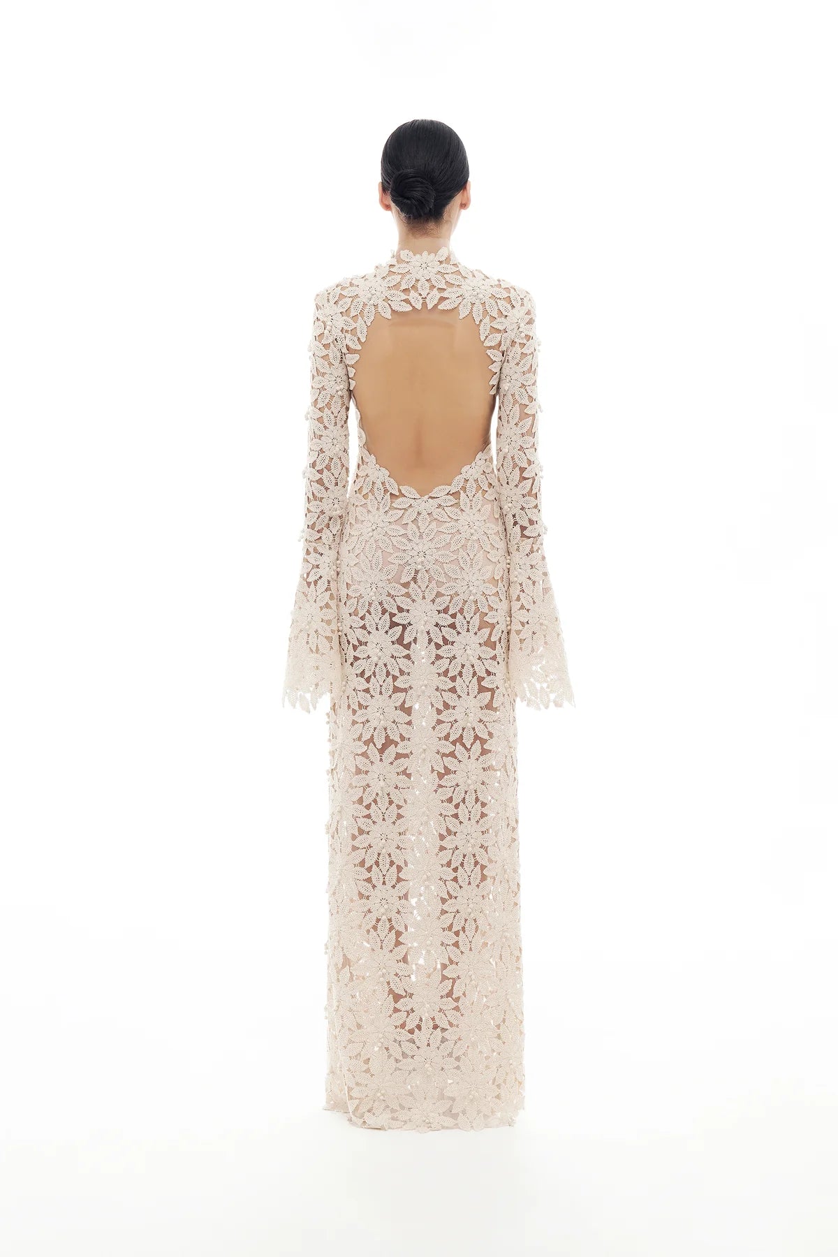 Beige Floral Lace Maxi Dress