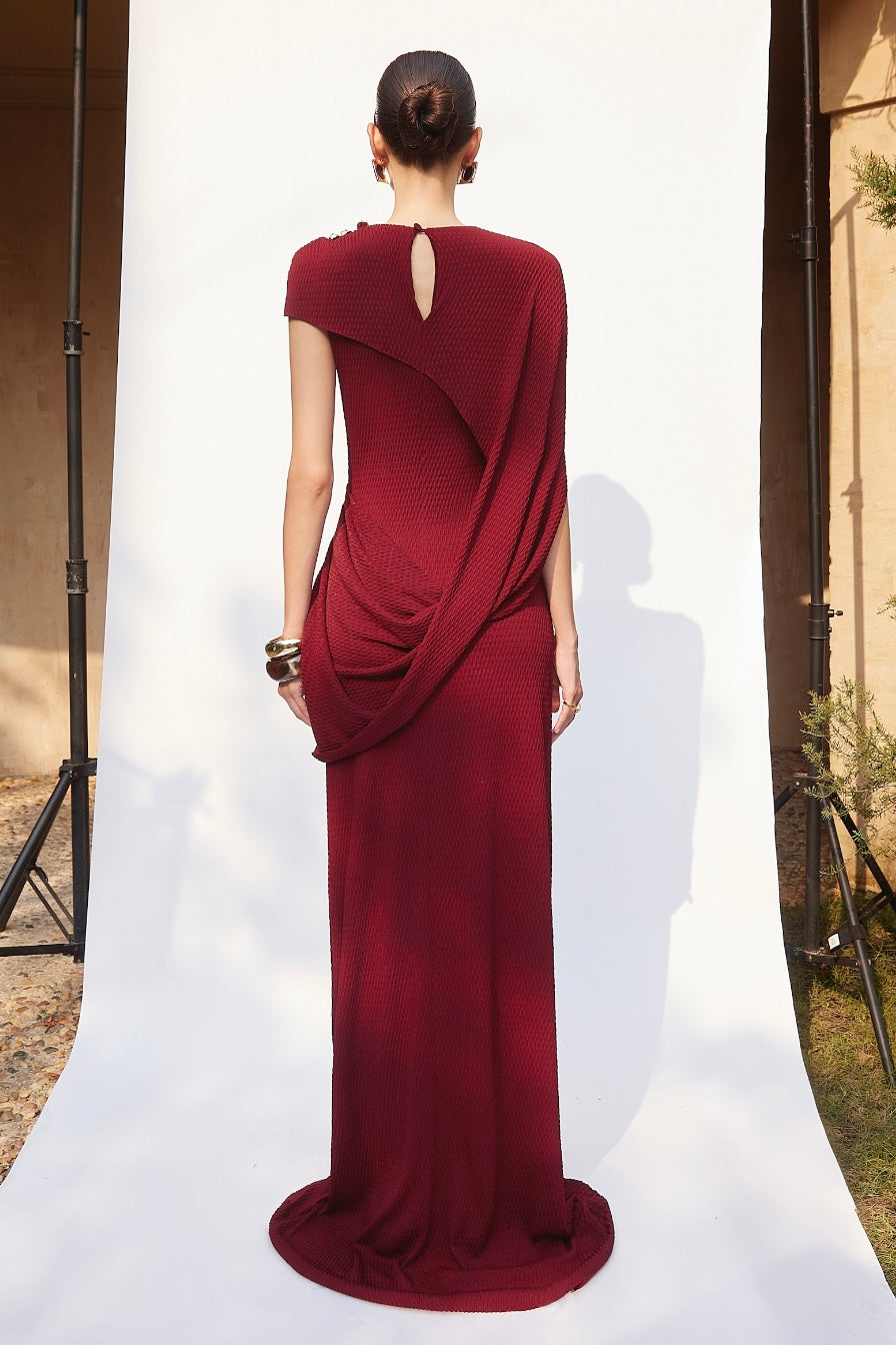 Crimson Draped Elegance Gown