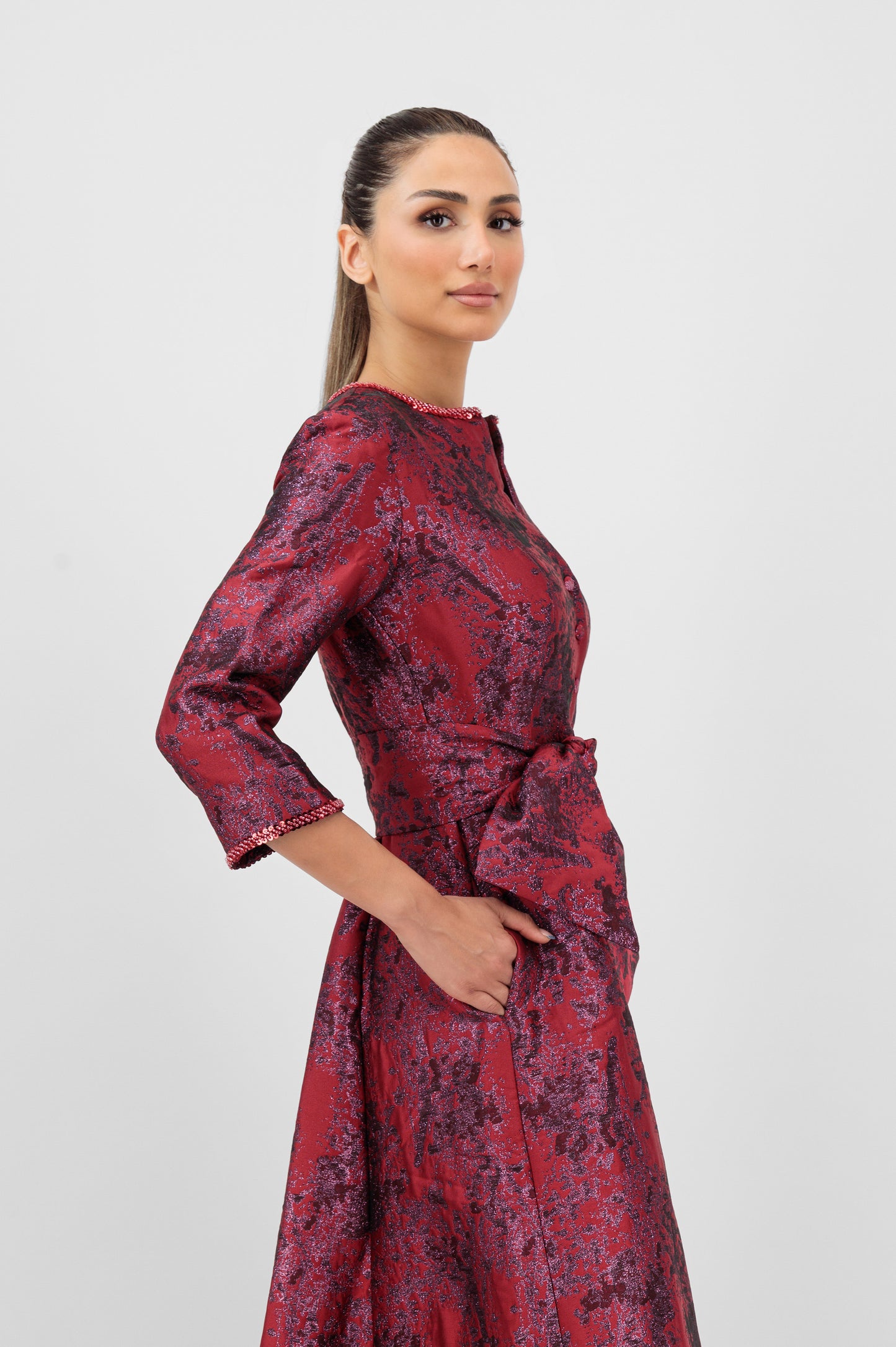 Jacquard Belted Evening Gown