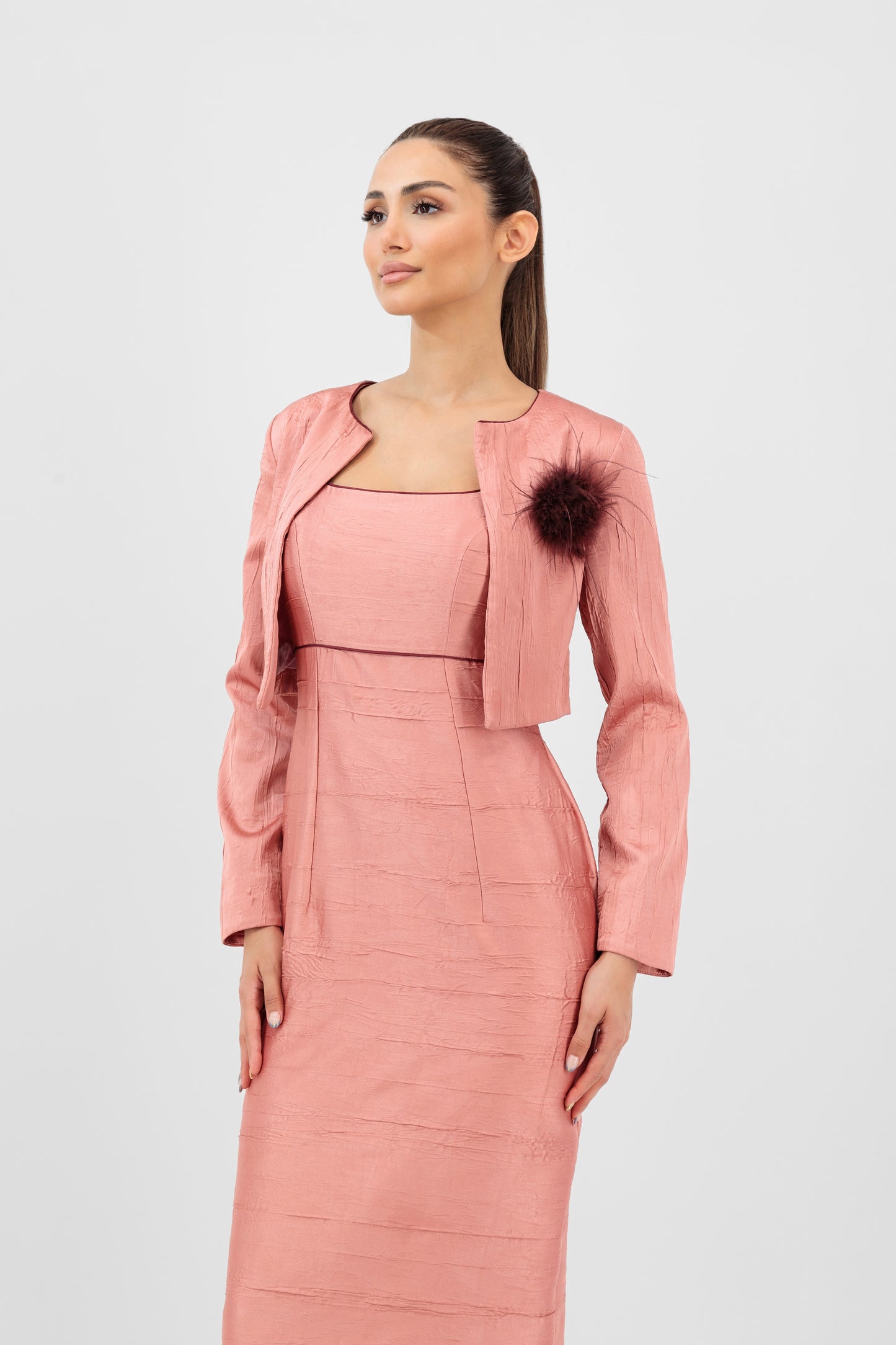 Elegant Satin Maxi Dress with Cropped Jacket