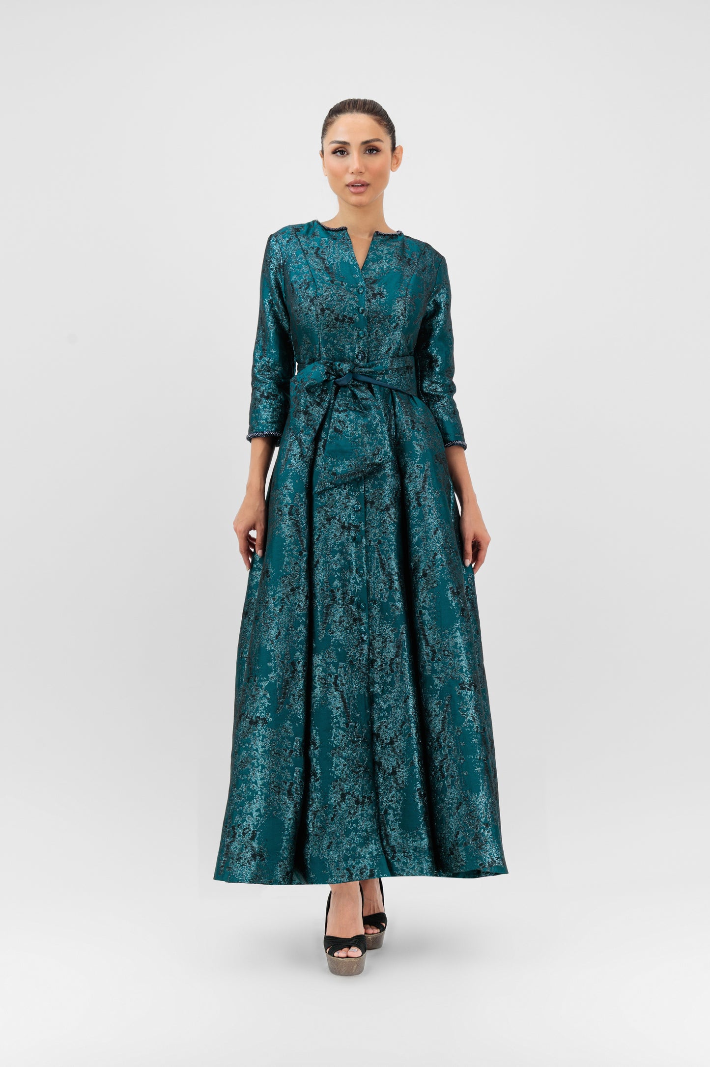 Jacquard Belted Evening Gown