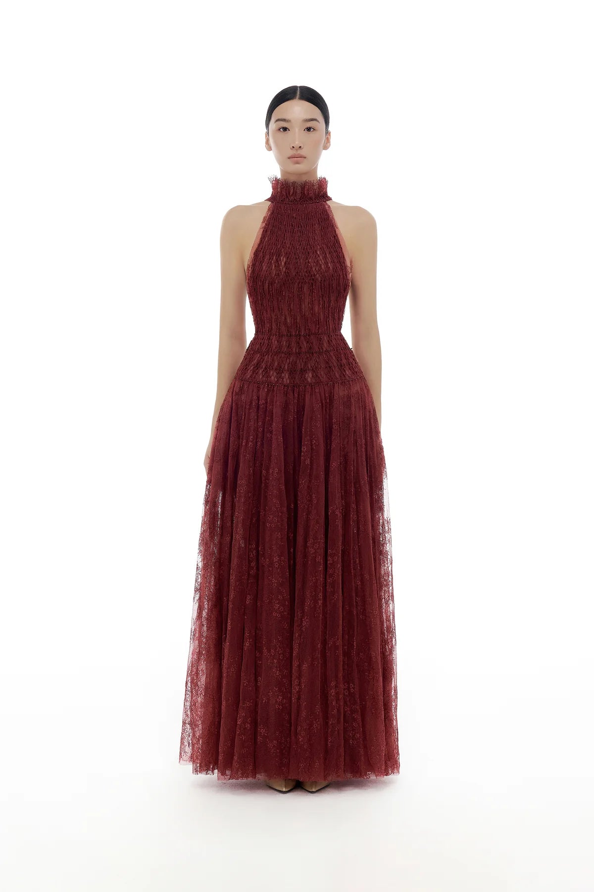 Burgundy Smocked Lace Maxi Dress