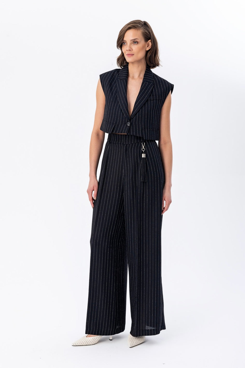 Wide Leg Pinstripe Black Set