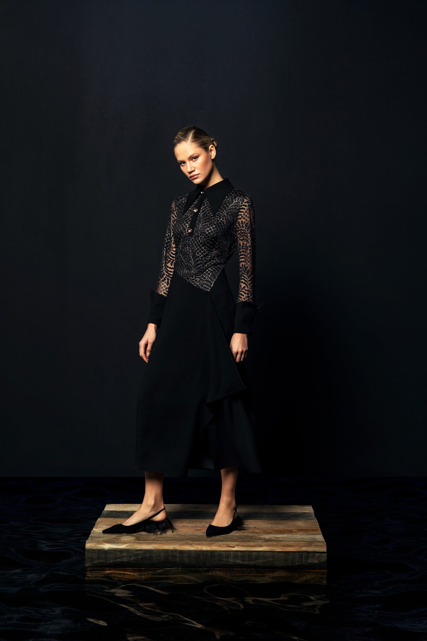 Noir Lace Elegance Midi Dress