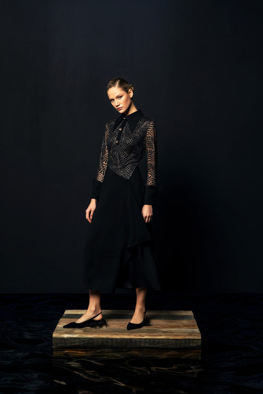 Noir Lace Elegance Midi Dress