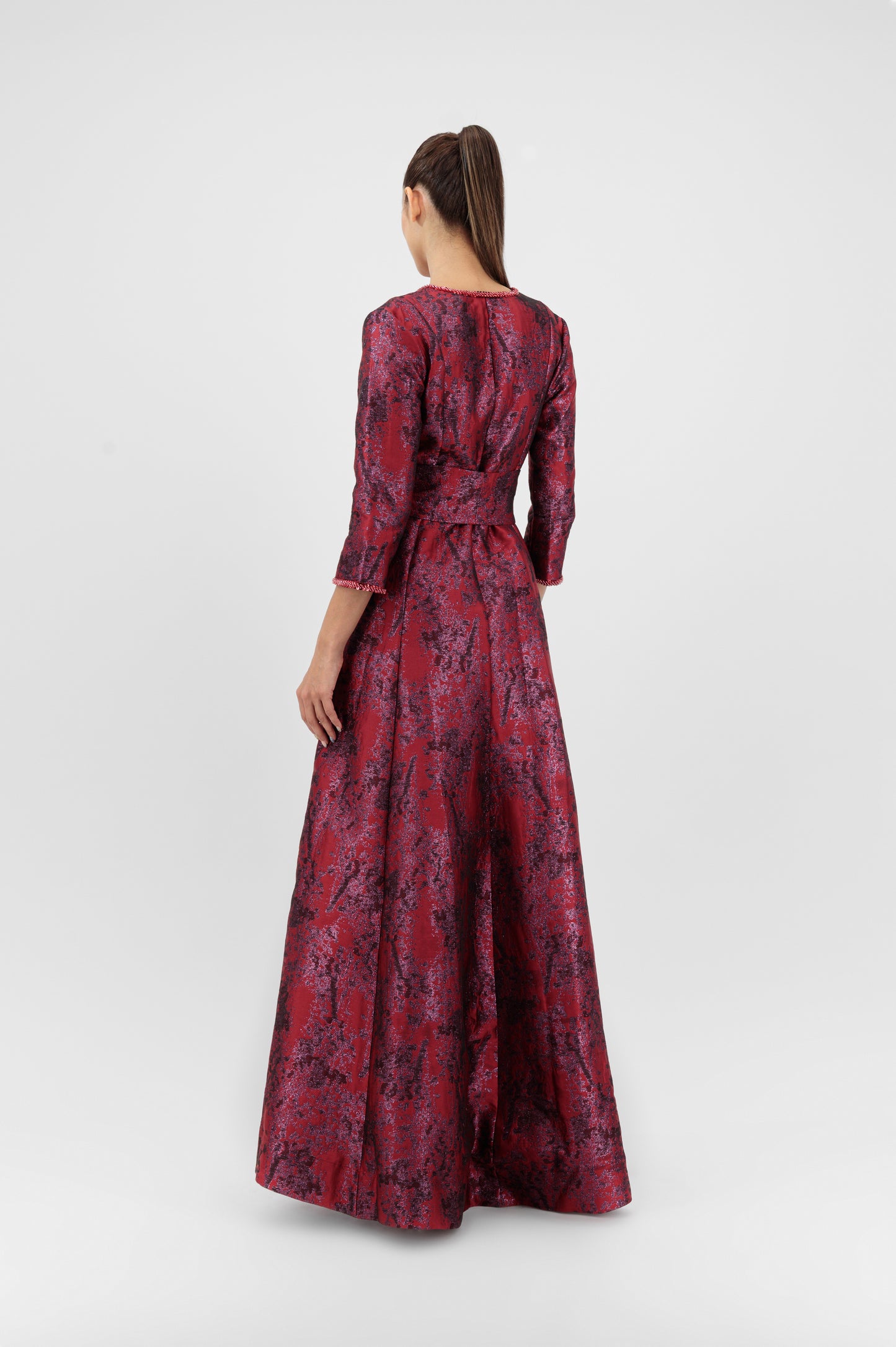 Jacquard Belted Evening Gown