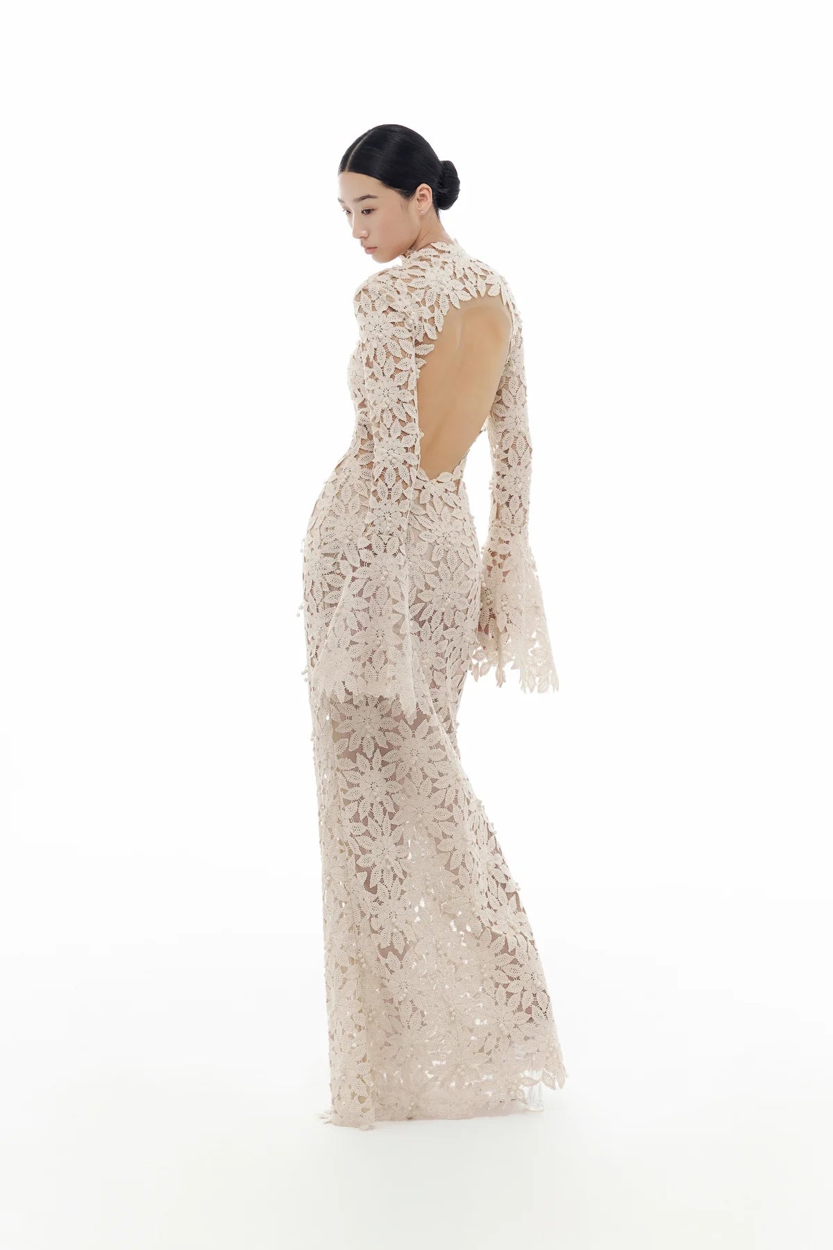 Beige Floral Lace Maxi Dress