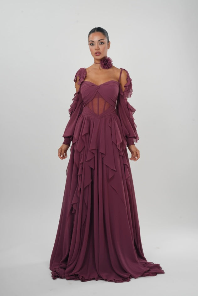 Long Chiffon Maroon Gown