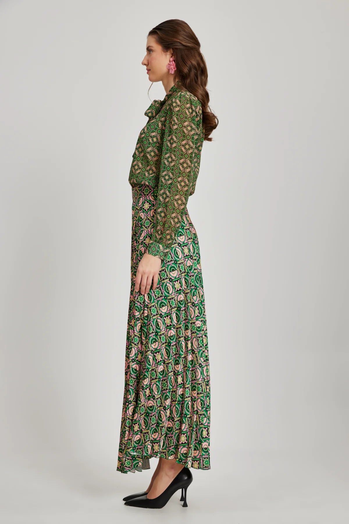 Patterned Chiffon Scarfed Blouse