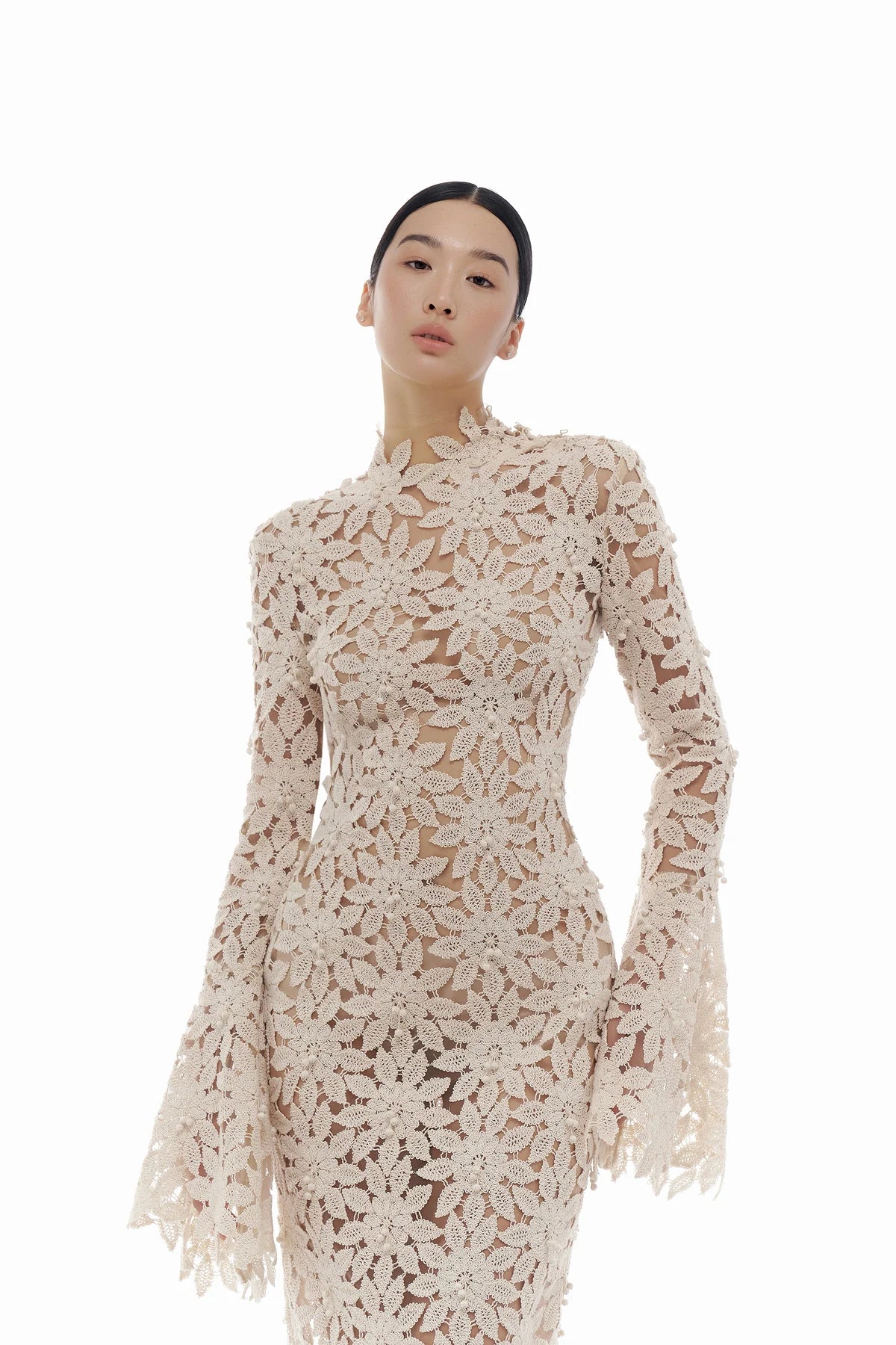 Beige Floral Lace Maxi Dress