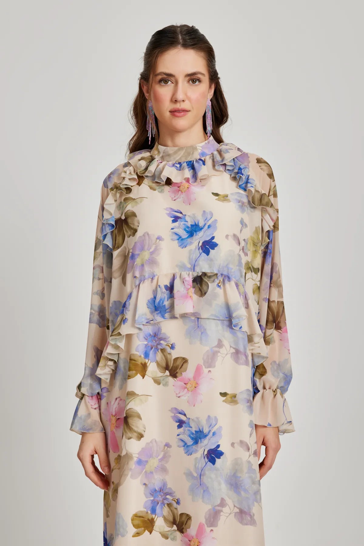 Ruffle Detailed Floral Patterned Dress