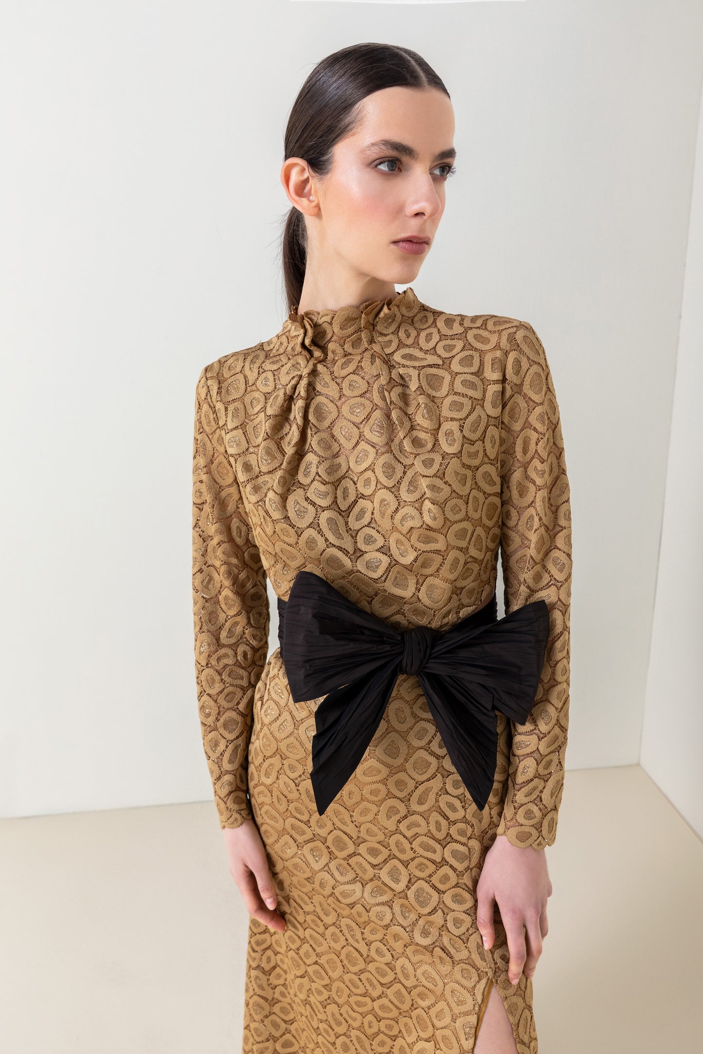 Golden Grace Bow-Tie Midi Dress