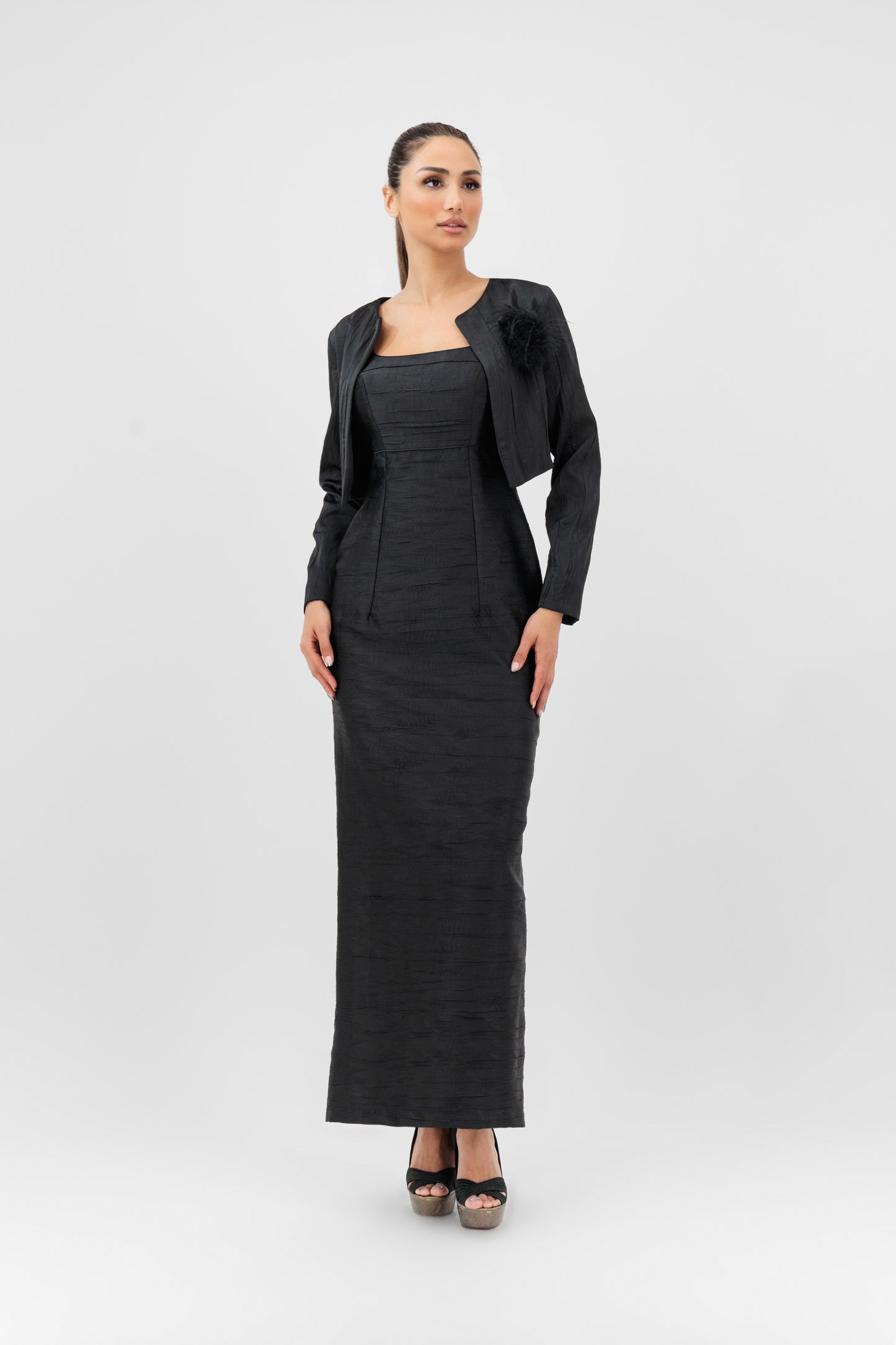 Elegant Satin Maxi Dress with Cropped Jacket