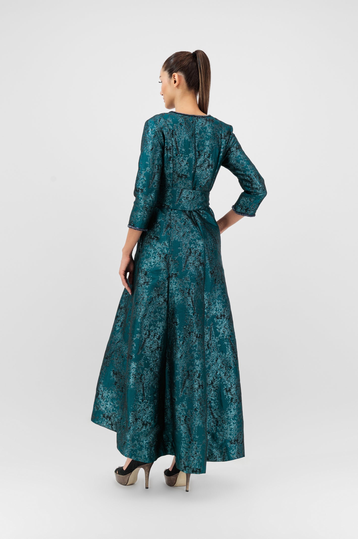 Jacquard Belted Evening Gown
