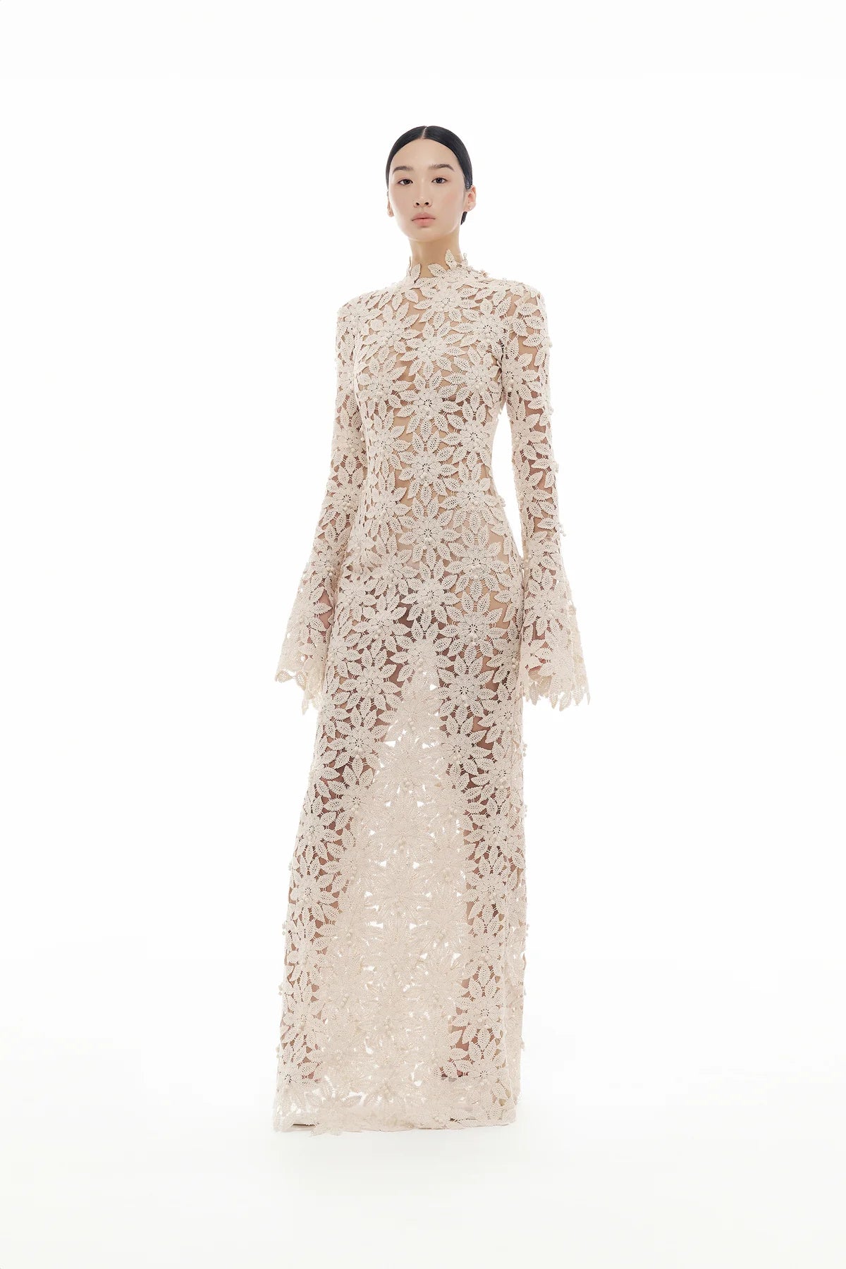 Beige Floral Lace Maxi Dress