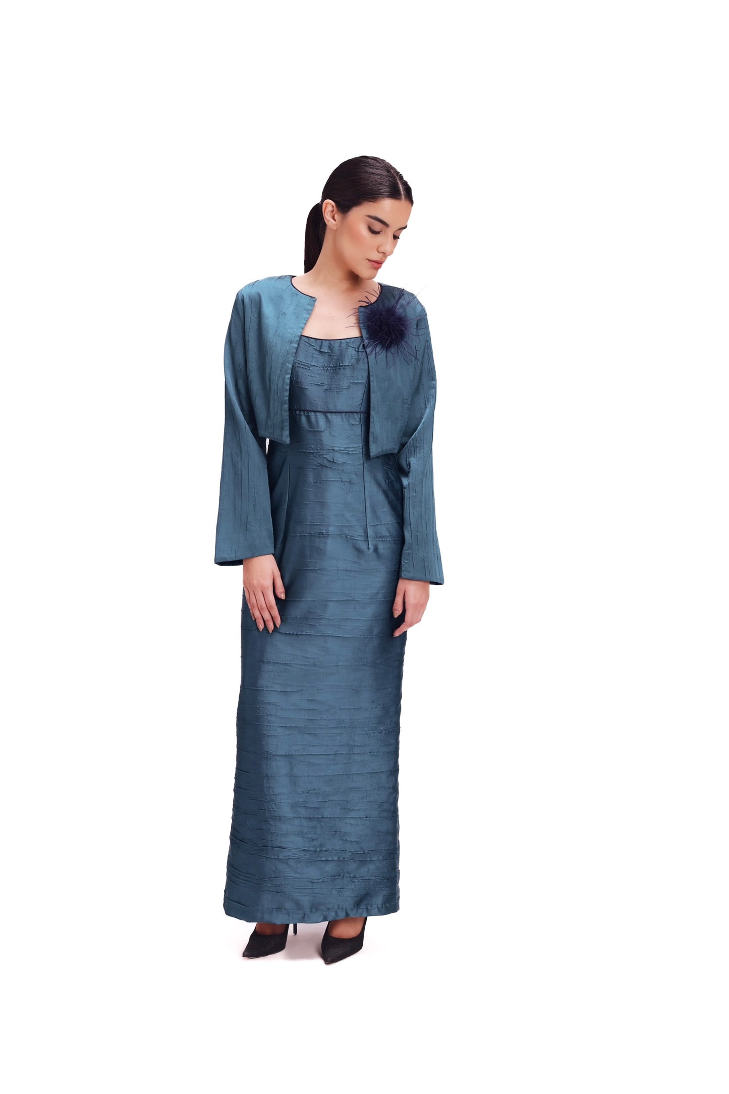 Elegant Satin Maxi Dress with Cropped Jacket