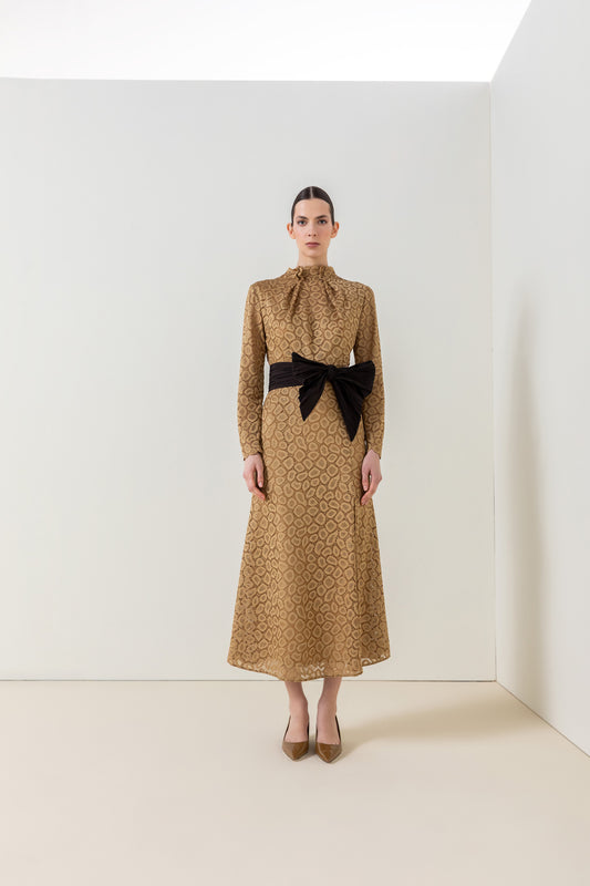 Golden Grace Bow-Tie Midi Dress