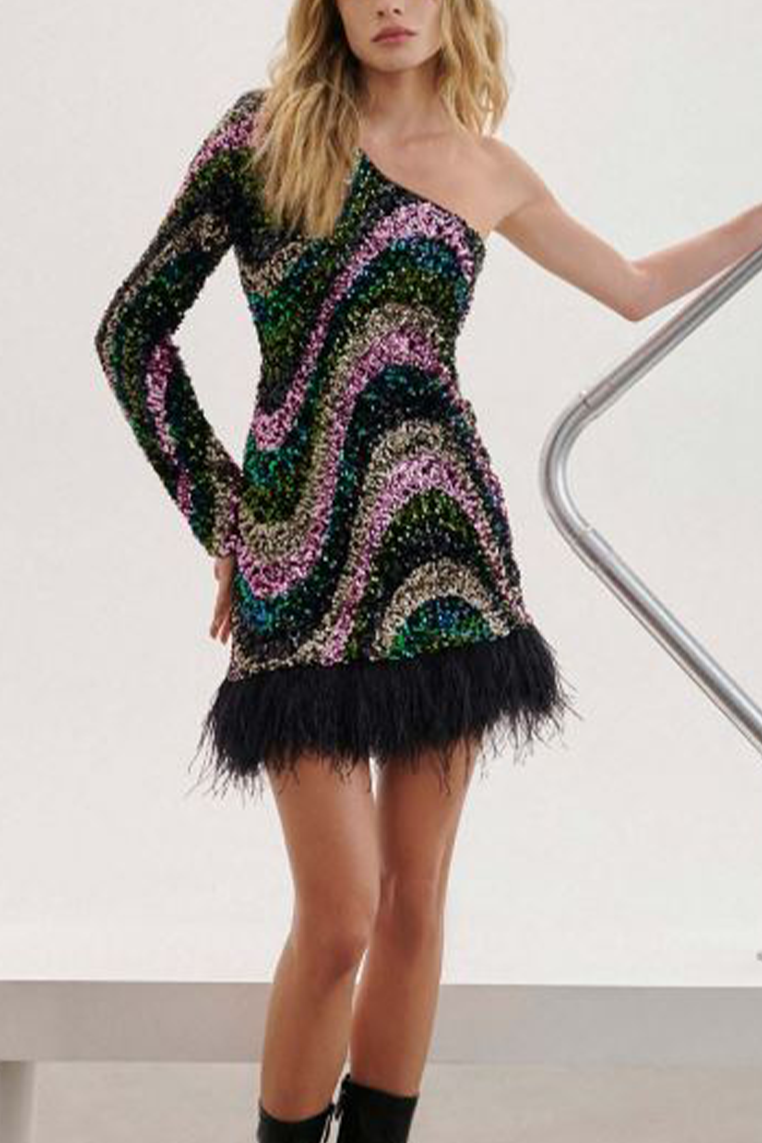 1 shoulder sequin dress Black Dress - Sequin Mini Bodycon Dress - One-Shoulder Dress
