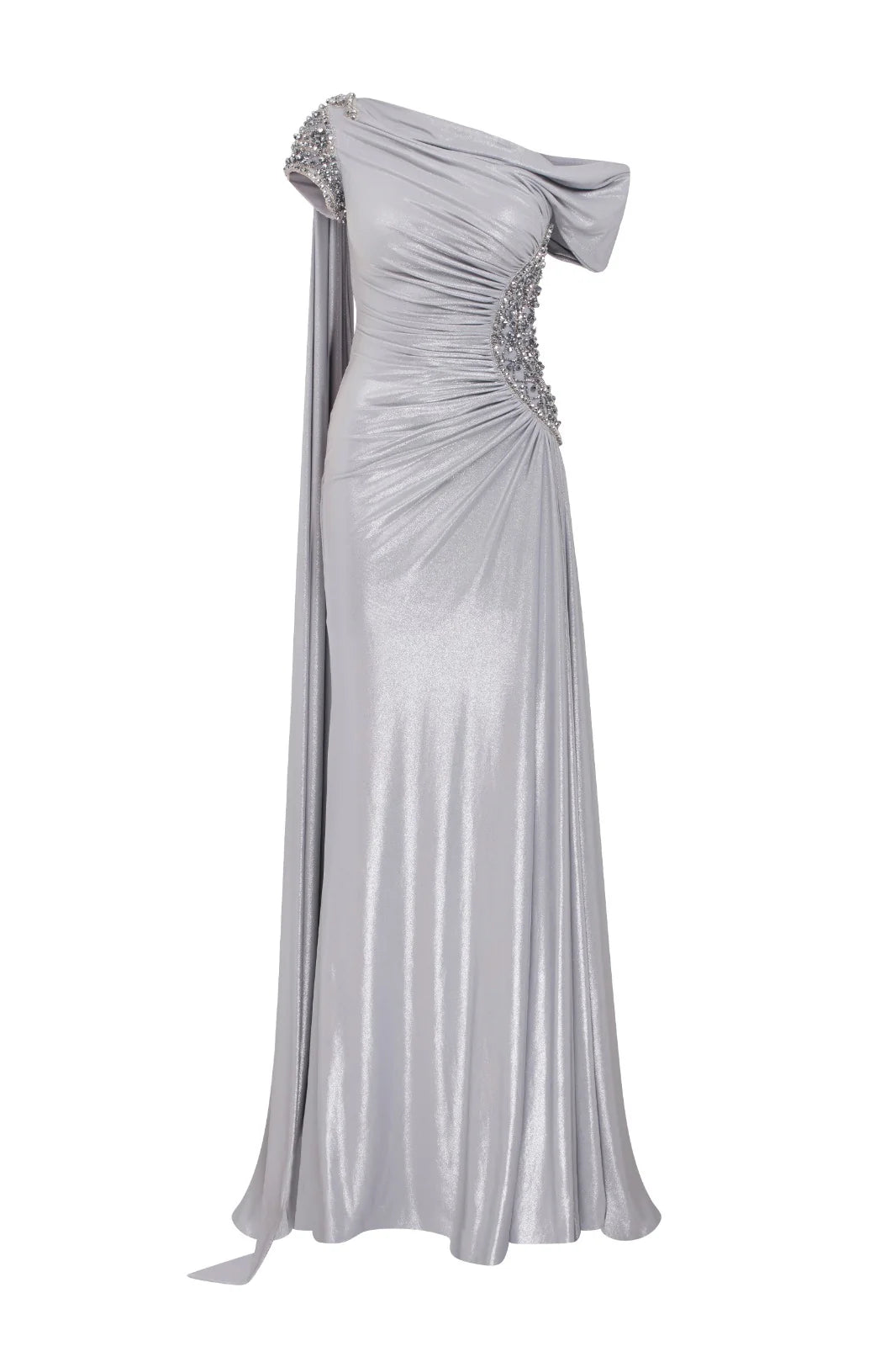 Long Beaded Drape Pattern Gown