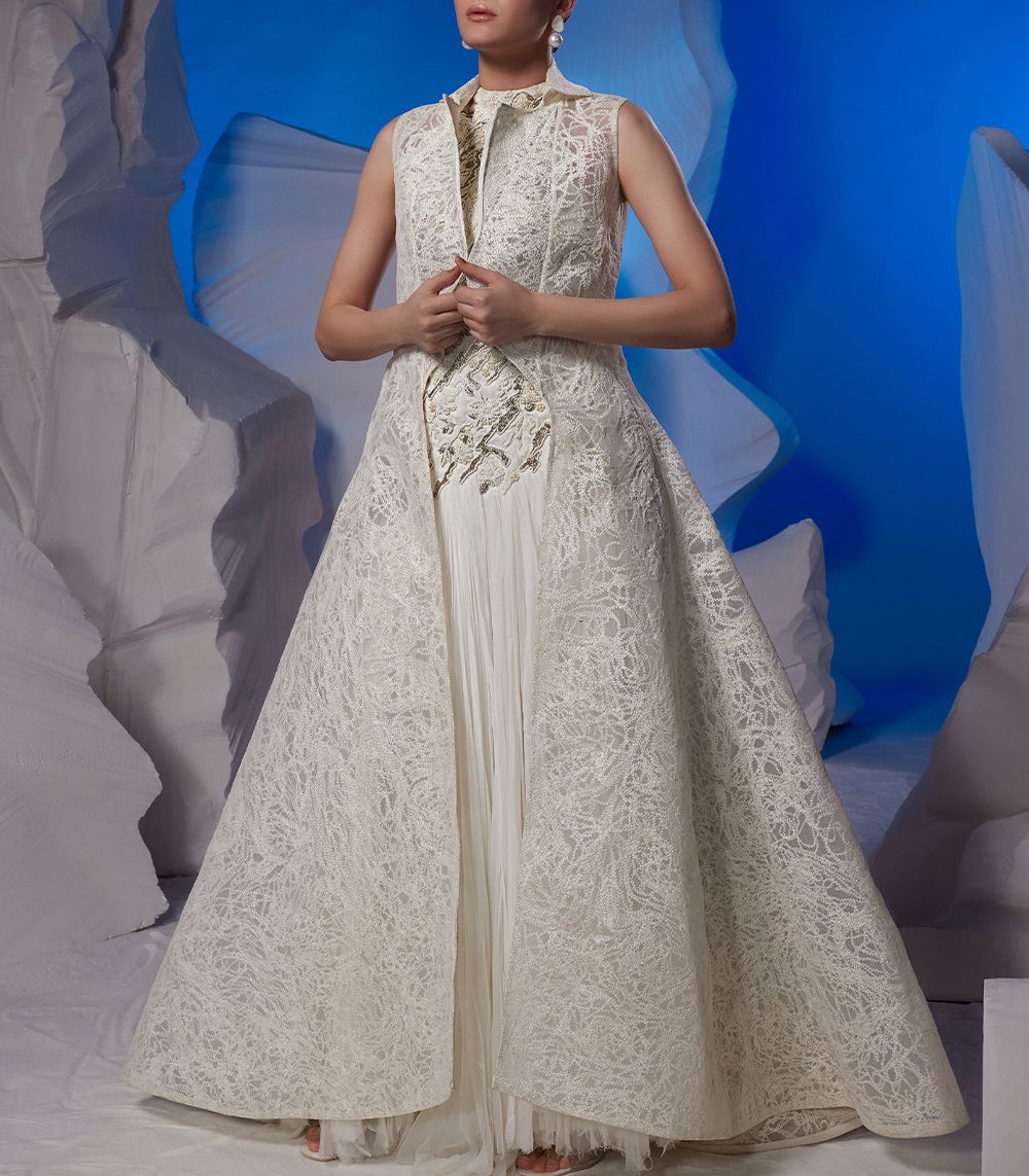 TEXTURED IVORY JACKET FEATURING MOCKNECK EMBROIDERED DRESS