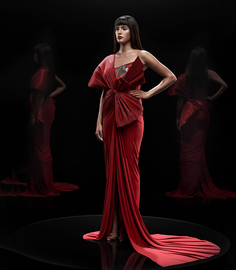 RED PLEATED GOWN WITH DRAPED SKIRT