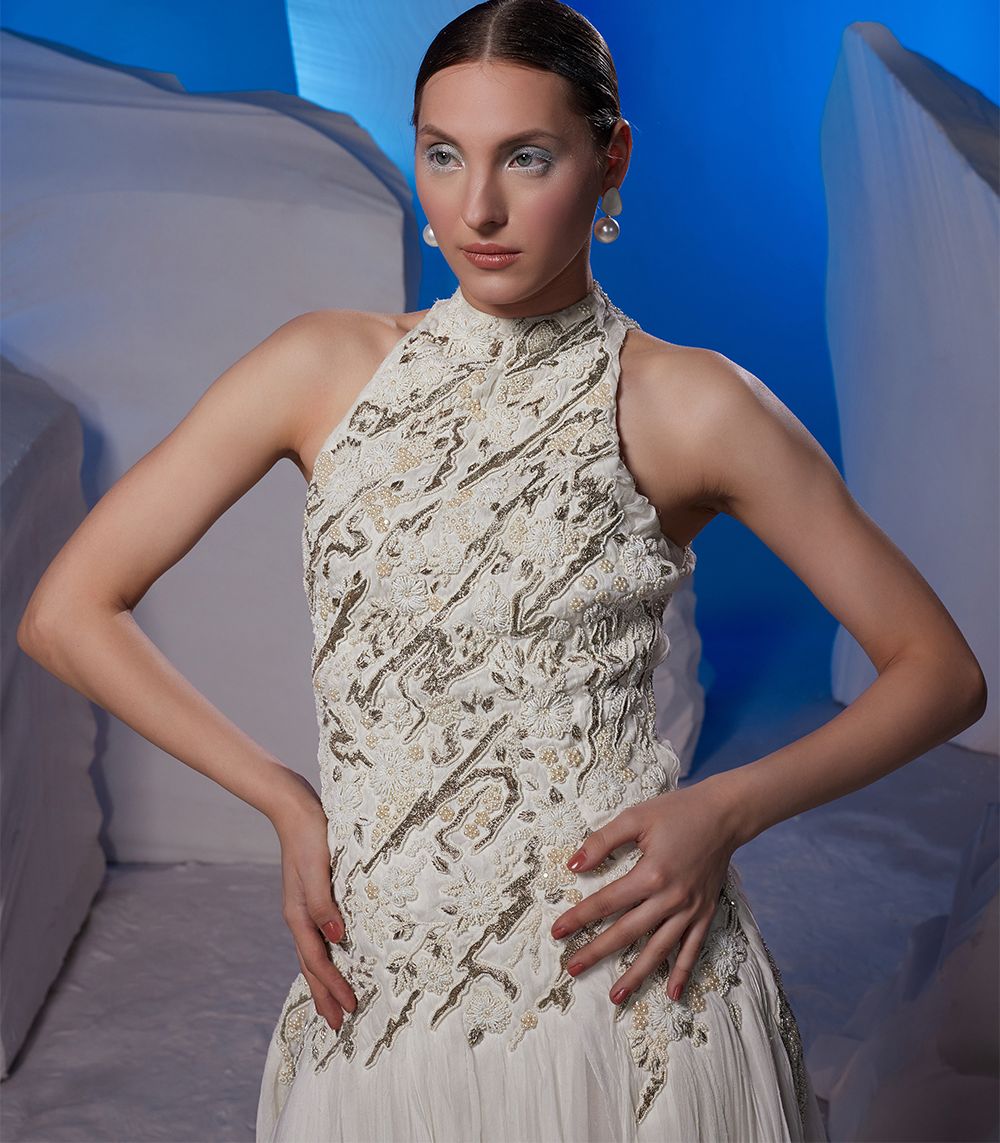 TEXTURED IVORY JACKET FEATURING MOCKNECK EMBROIDERED DRESS