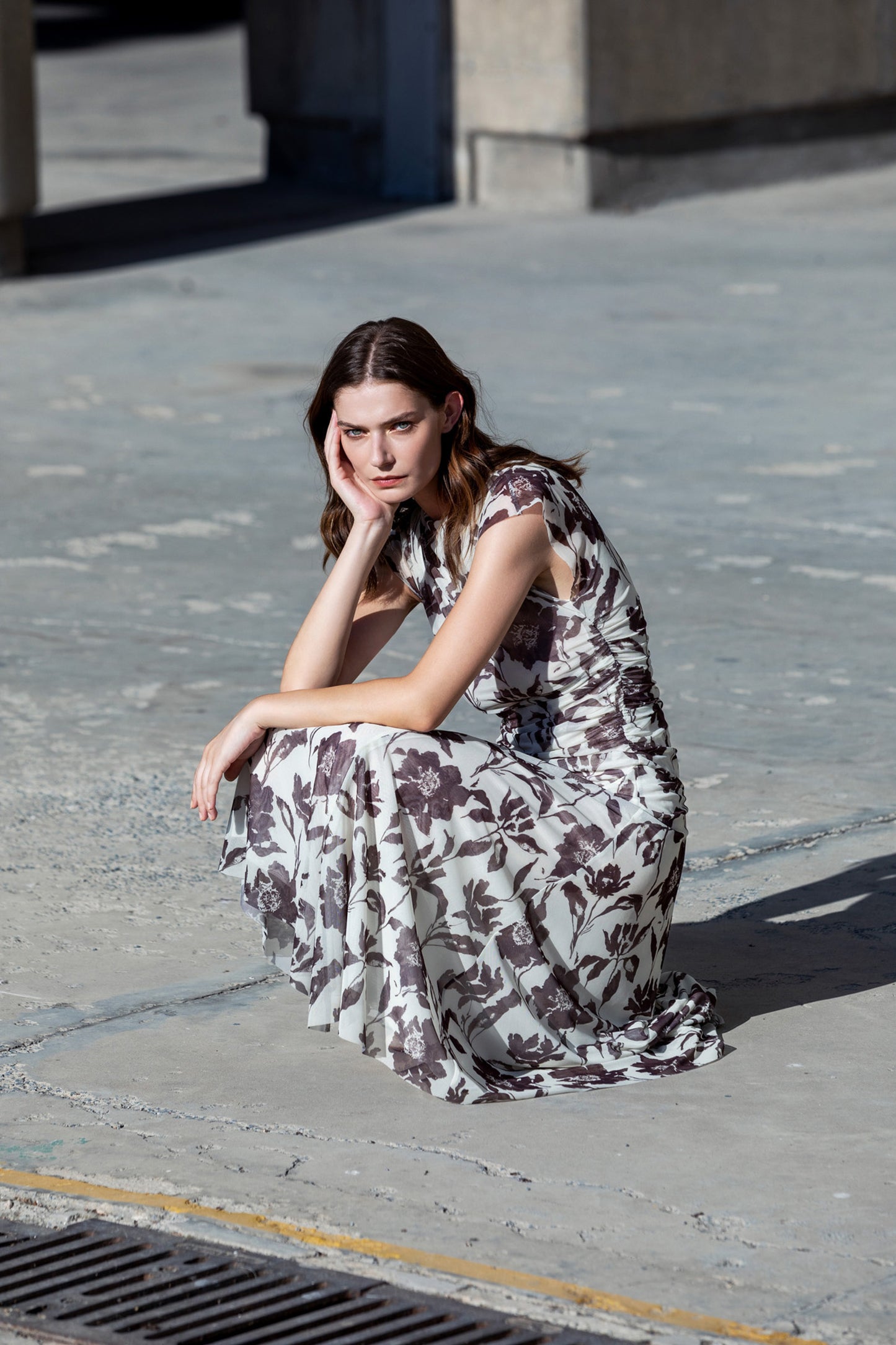 Asymetrical Printed Tulle Dress Brown