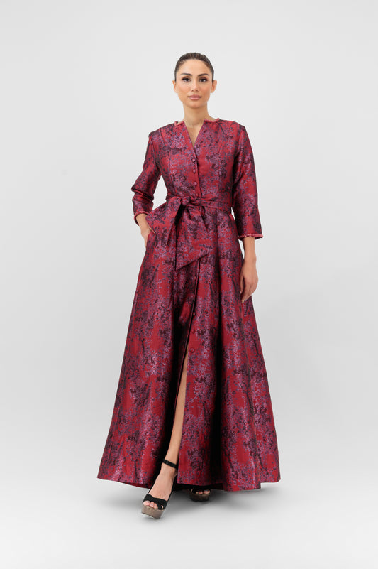Jacquard Belted Evening Gown