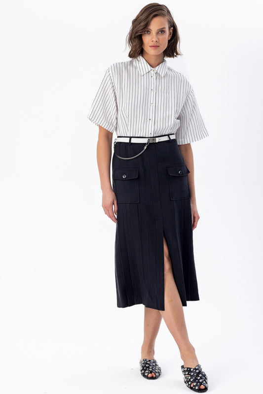 Contrast Pleated Dress Black