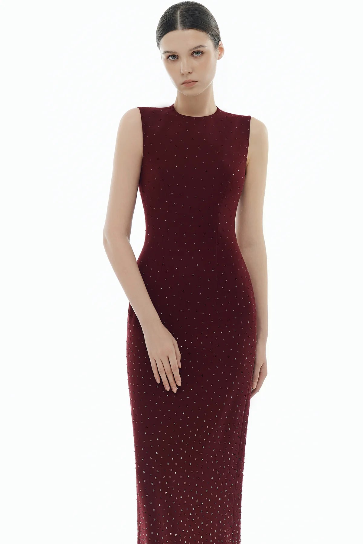 Burgundy Crystal Beaded Maxi Dress