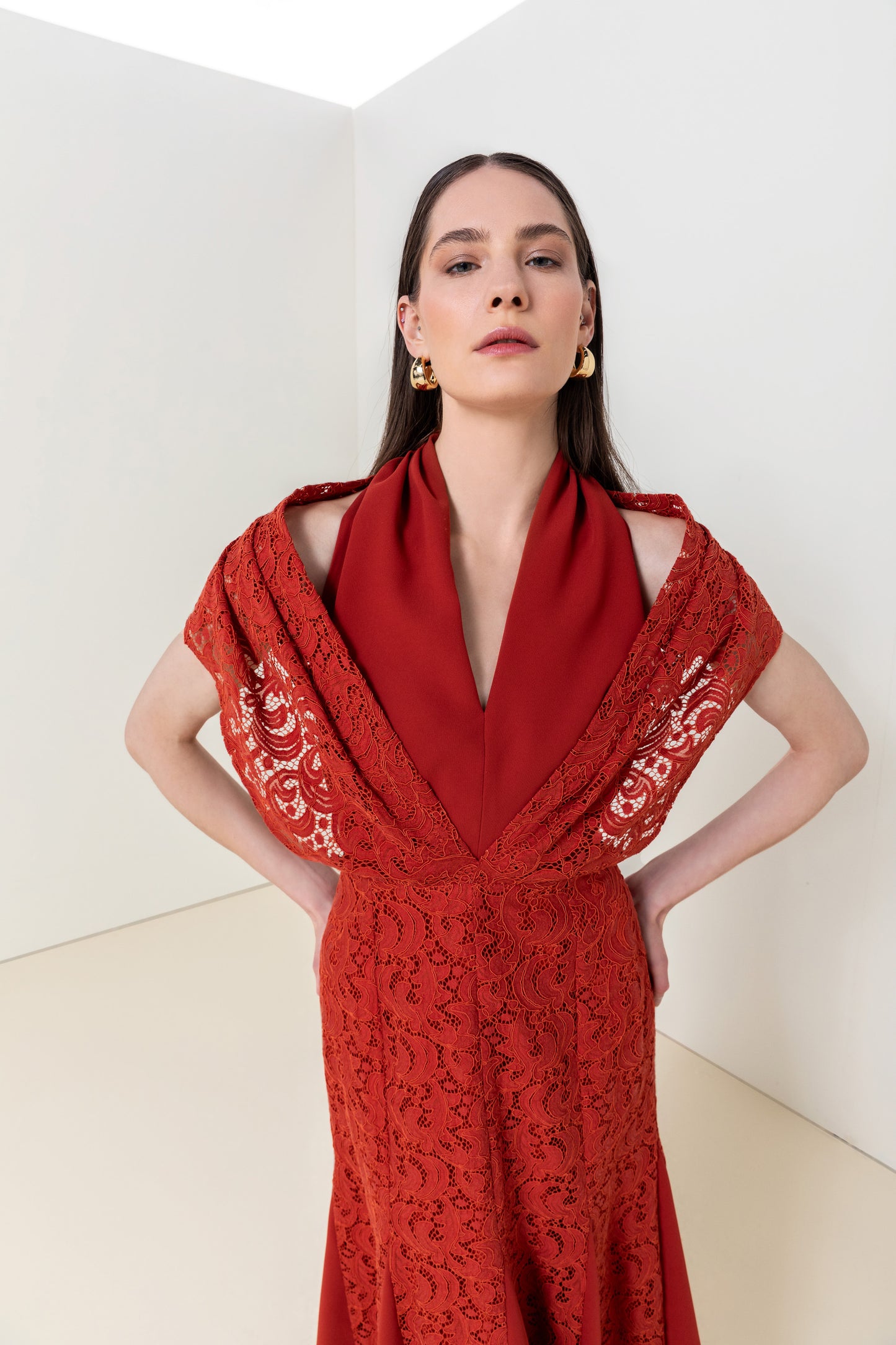Crimson Lace Cascade Dress
