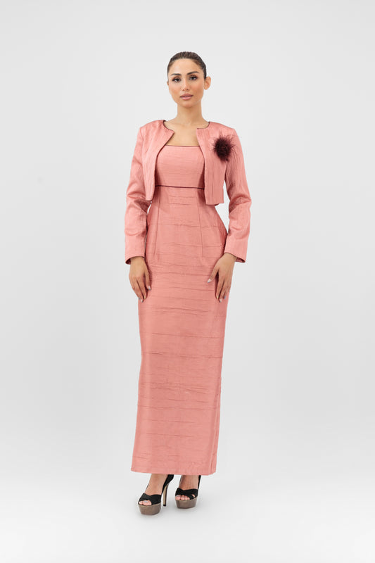 Elegant Satin Maxi Dress with Cropped Jacket