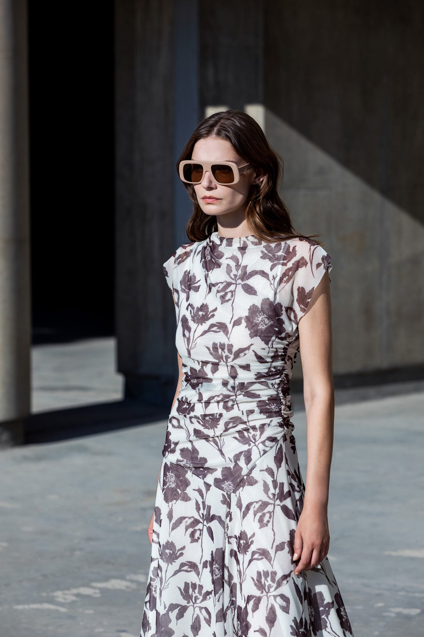 Asymetrical Printed Tulle Dress Brown