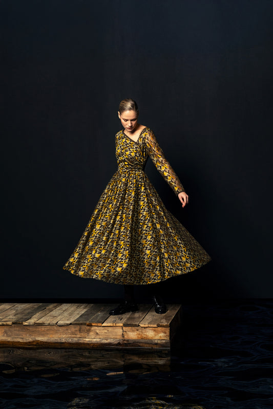 Golden Noir Lace Midi Dress