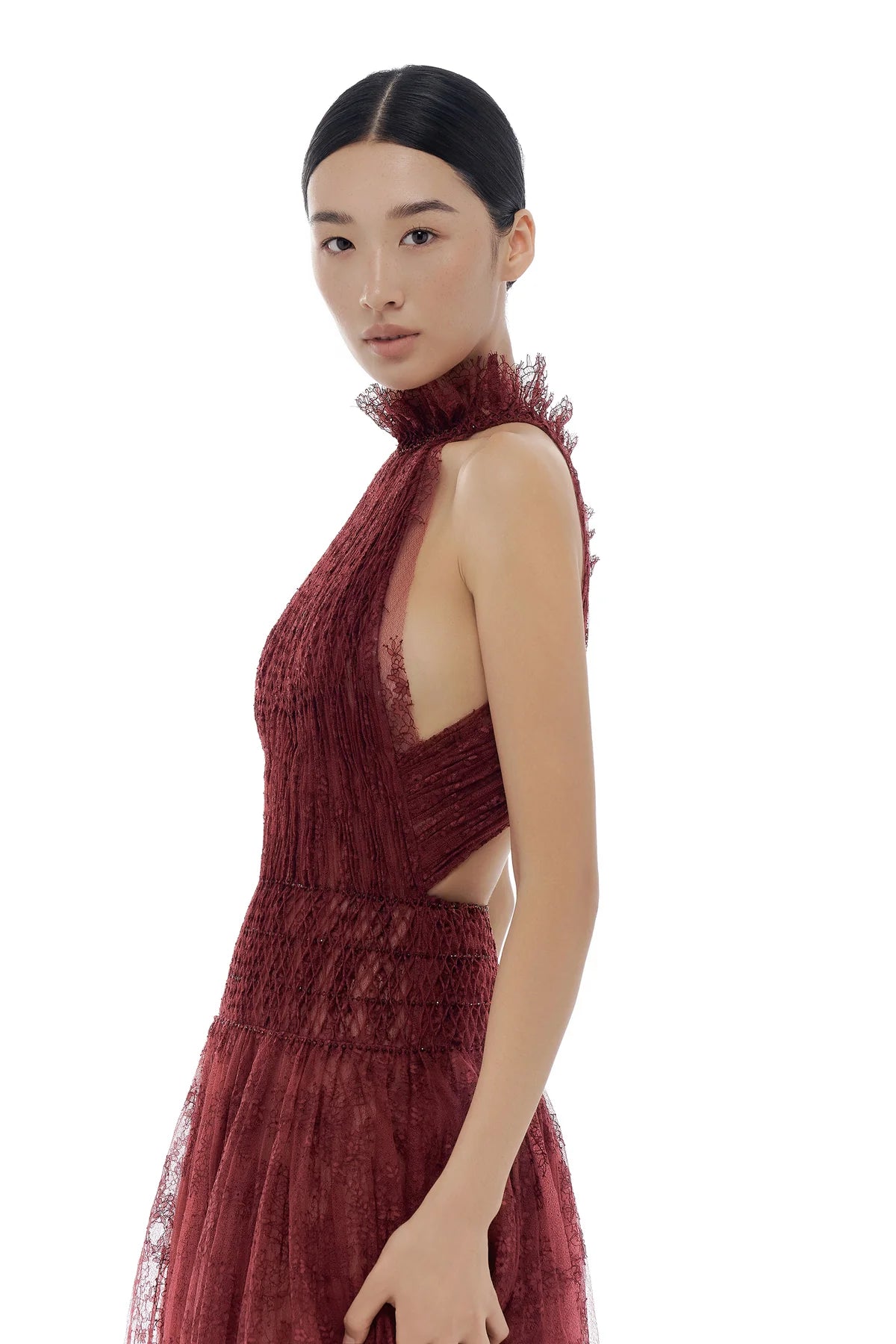 Burgundy Smocked Lace Maxi Dress
