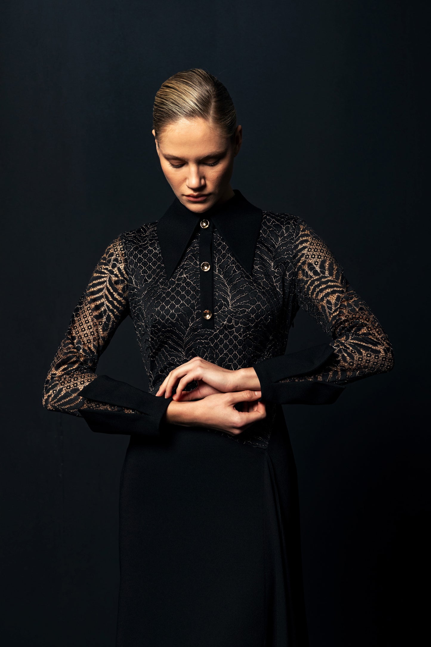 Noir Lace Elegance Midi Dress