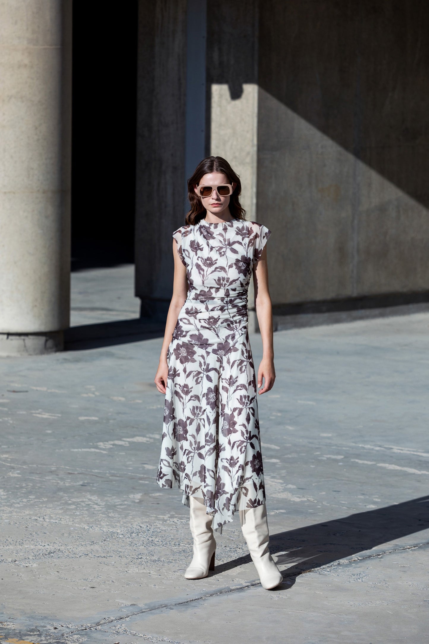 Asymetrical Printed Tulle Dress Brown