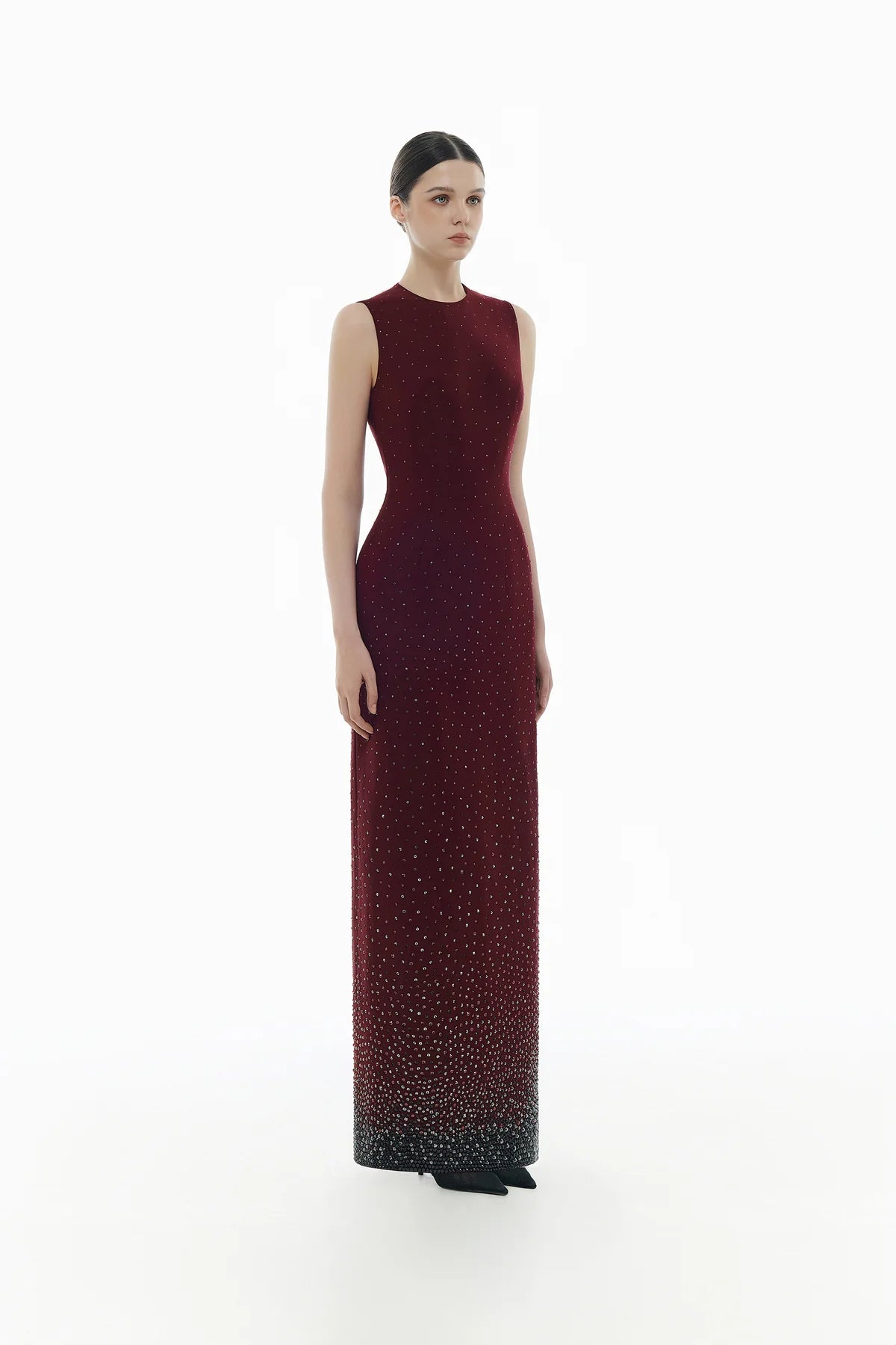 Burgundy Crystal Beaded Maxi Dress