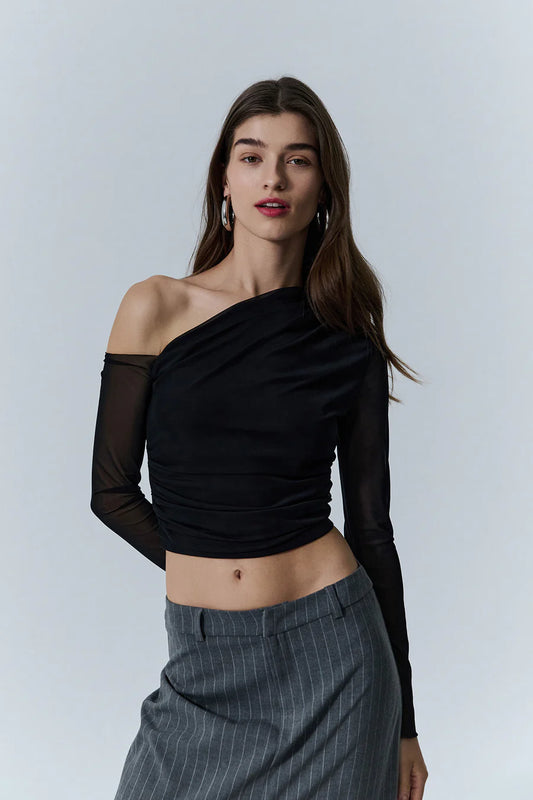 Low Shoulder Detailed Tulle Blouse